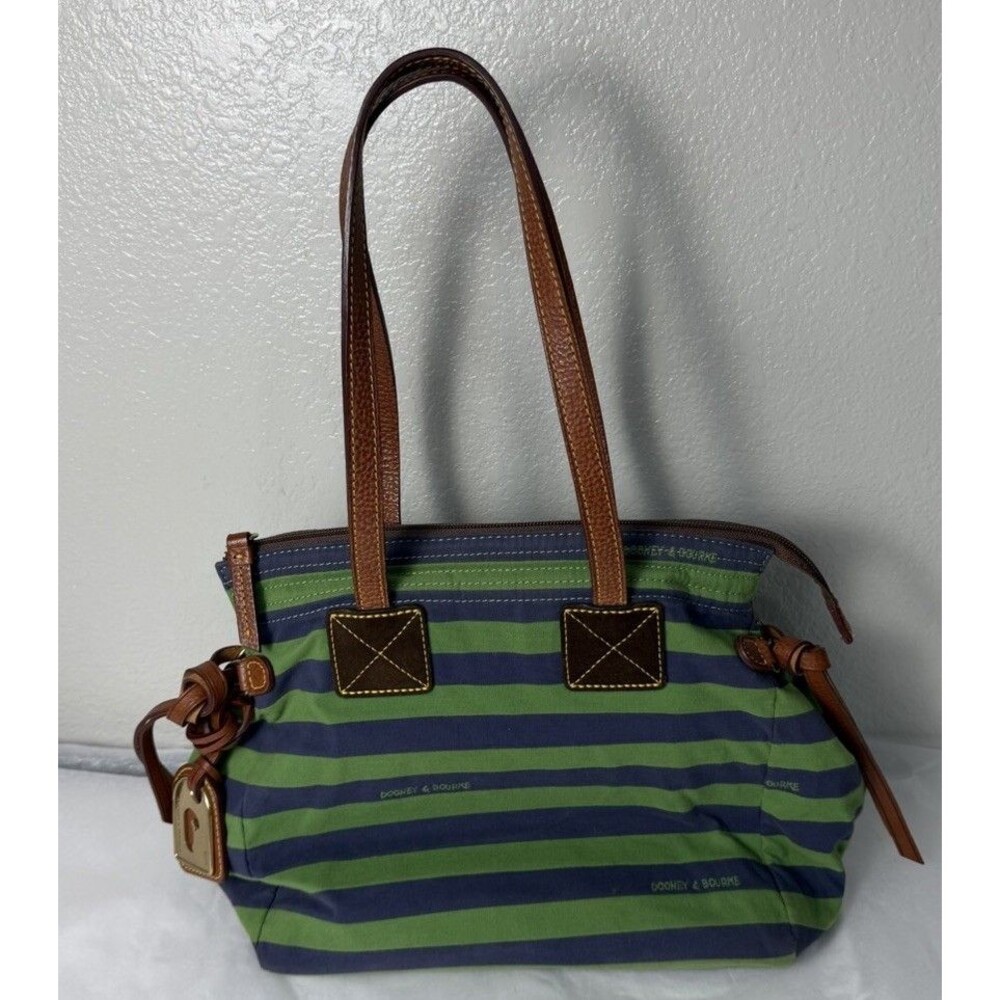 Dooney & Bourke Striped Canvas Tote Bag Blue Green Leather Trim Pink Lining